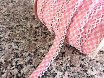 Lace Trimmed Bias Binding - Baby Pink Gingham