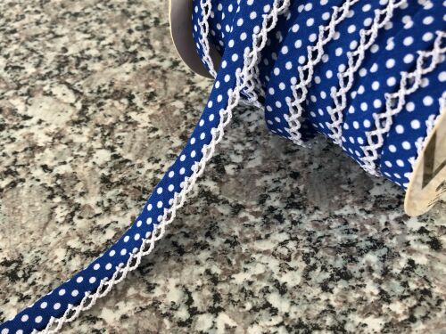 royal blue polka dots fabric trim with white lacy trim