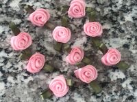 Pink Satin Ribbon Roses With Green Leaf
