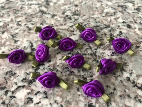 Purple Flower Satin Ribbon Rose Green Leaf for Sewing Fabrics Wool 10