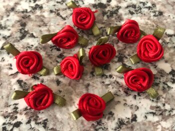 10 Red Ribbon Roses with Green Leaves