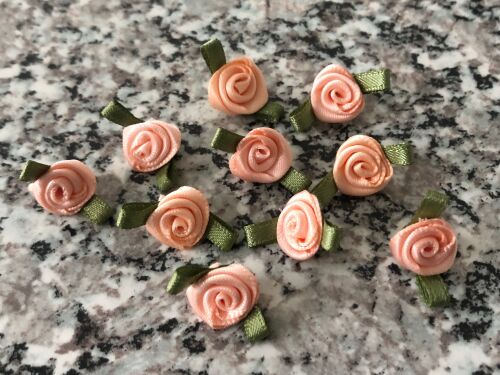 Light Peach Satin Ribbon Roses With Green Leaf