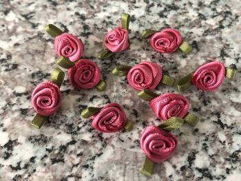 10 Dusky Pink Ribbon Roses with Green Leaves for Hand Sewing Crafts