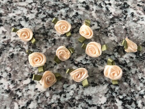 10 Cream Ribbon Roses with Green Leaves