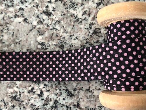Polka Dots Pattern Bias - Pink Spots On Black Fabric