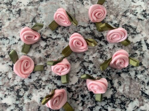 Pink Satin Ribbon Roses With Green Leaf