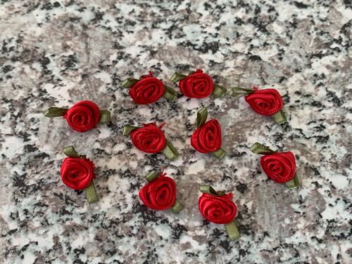 10 Red Ribbon Roses with Green Leaves