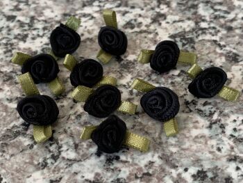 10 Black Ribbon Roses with Green Leaves