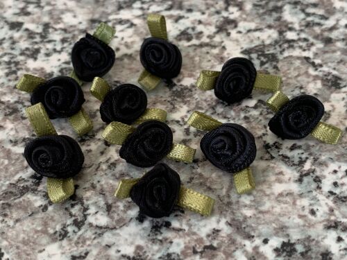 10 Black Ribbon Roses with Green Leaves