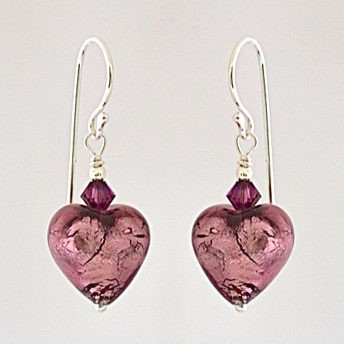 Amethyst Silver Murano Heart Earrings