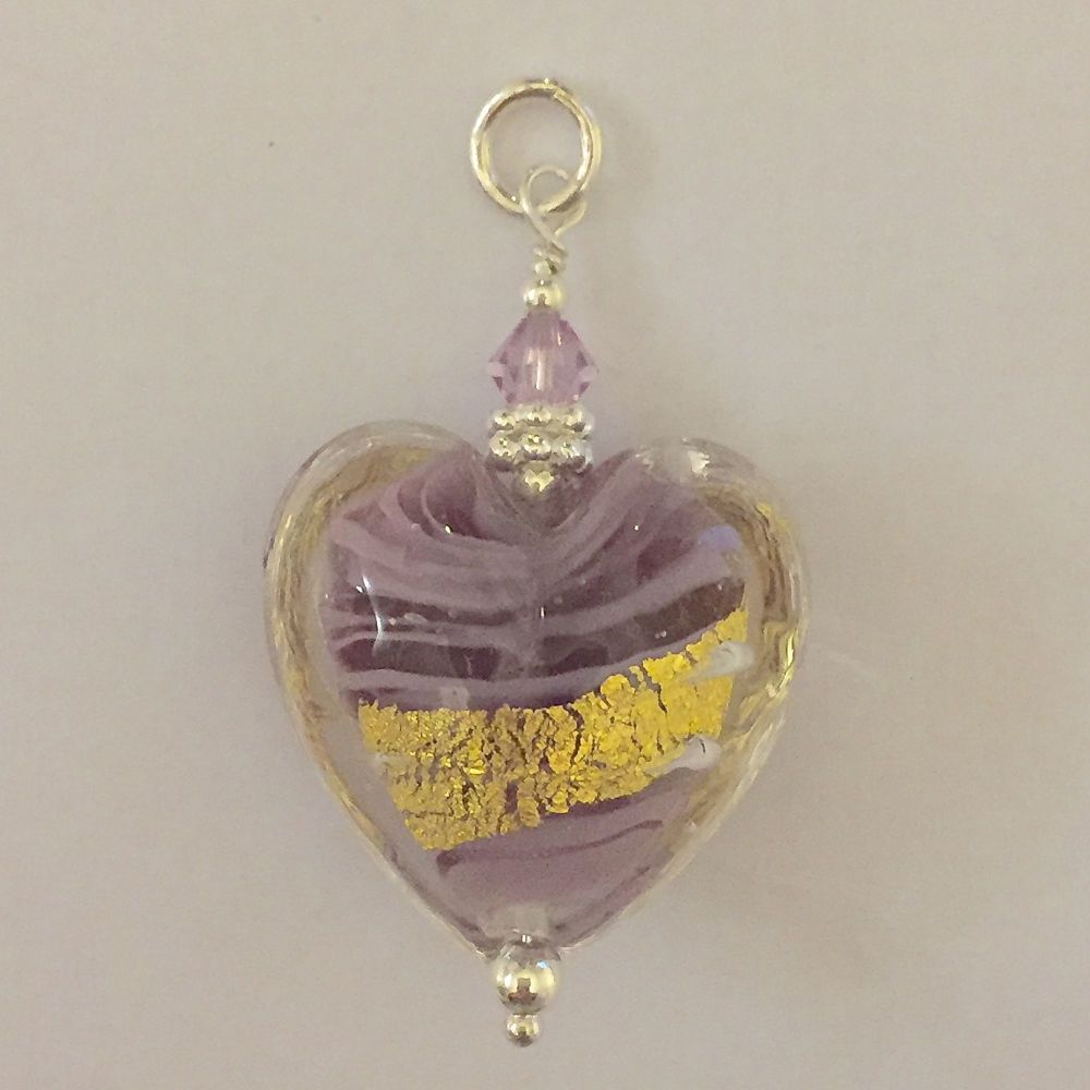 Light Amethyst 24kt Goldfoil Clear Case Murano Glass Heart Pendant with Sterling Silver Chain