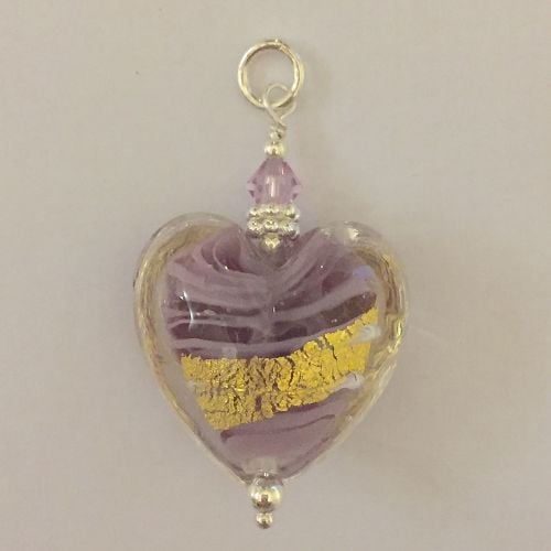 Light Amethyst 24kt Goldfoil Clear Case Murano Glass Heart Pendant