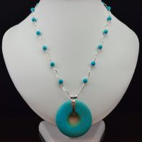Turquoise and Sterling Silver Necklace with Turquoise Donut Pendant