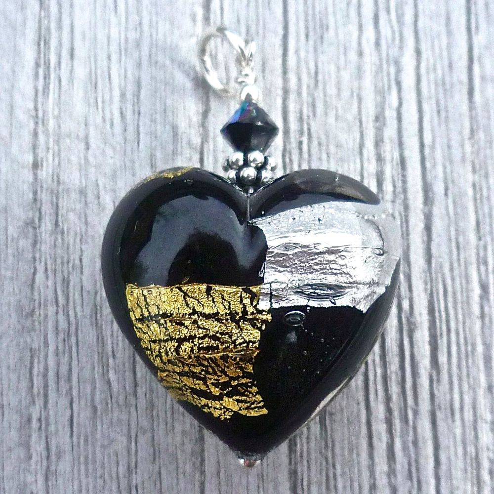 Midnight Treasure Murano Glass Heart Pendant with Sterling Silver Chain