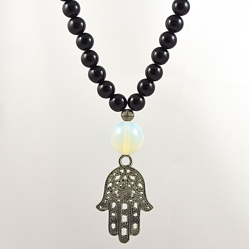 Black Onyx Necklace with Hamsa Hand Pendant (Opalite)