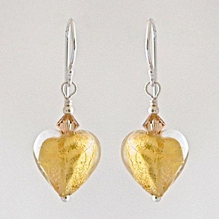 Crystal Gold Murano Glass Heart Earrings