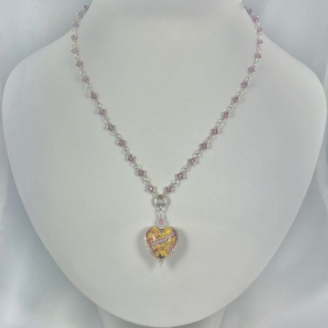 Light Amethyst Gold Aventurine Murano Glass Heart Pendant with Sterling Silver and Crystal Chain