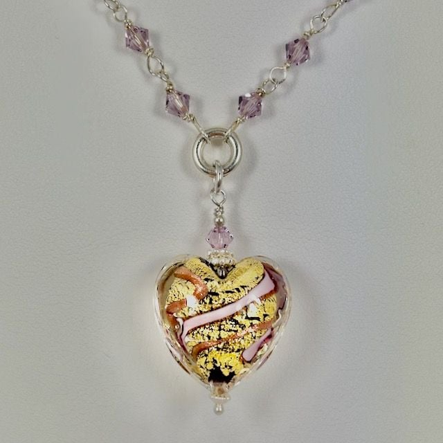 Light Amethyst Gold Aventurine Murano Glass Heart Pendant with Silver/Cryst