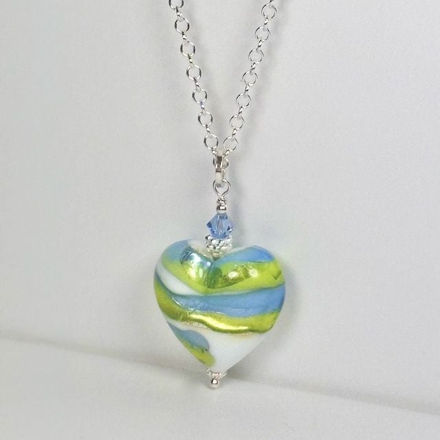 Sea Jewel Murano Glass Heart Pendant with Sterling Silver Chain