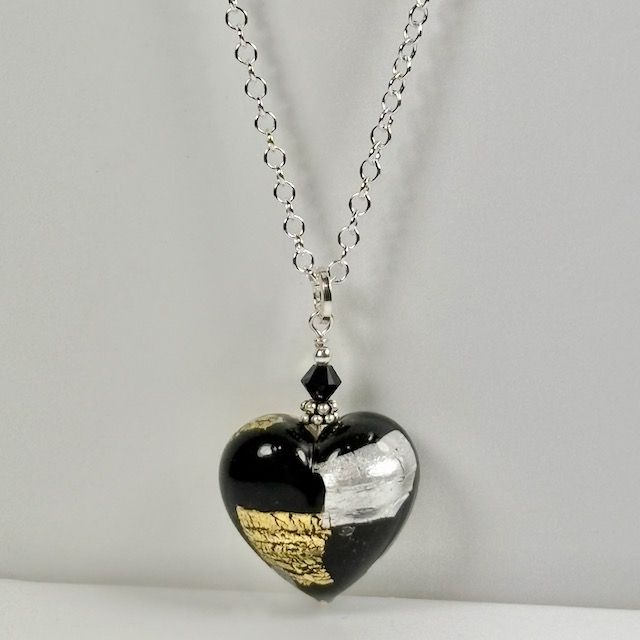 Midnight Treasure Murano Glass Heart Pendant with Sterling Silver Chain