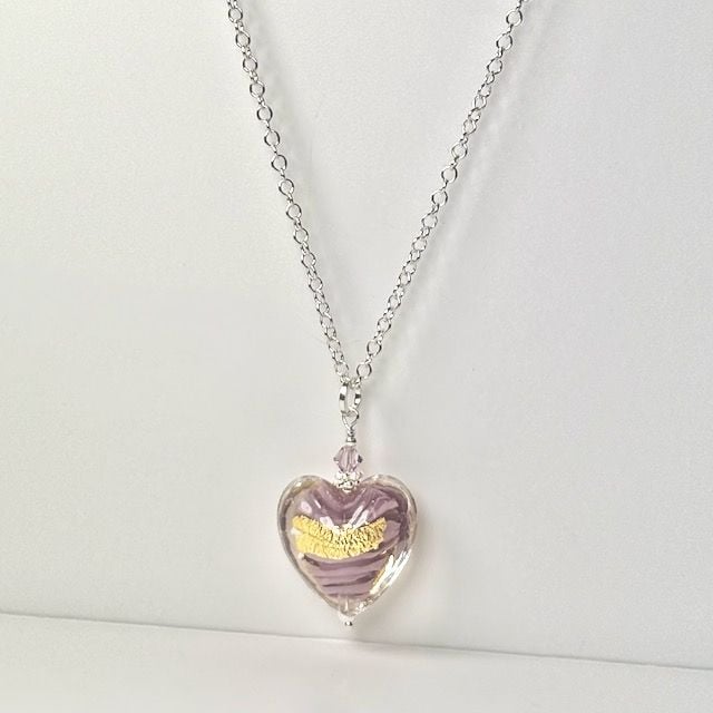Light Amethyst 24kt Goldfoil Clear Case Murano Glass Heart Pendant with Sterling Silver Chain