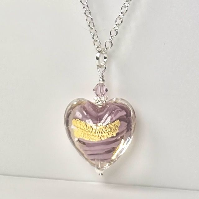 Light Amethyst 24kt Goldfoil Clear Case Murano Glass Heart Pendant with Sterling Silver Chain