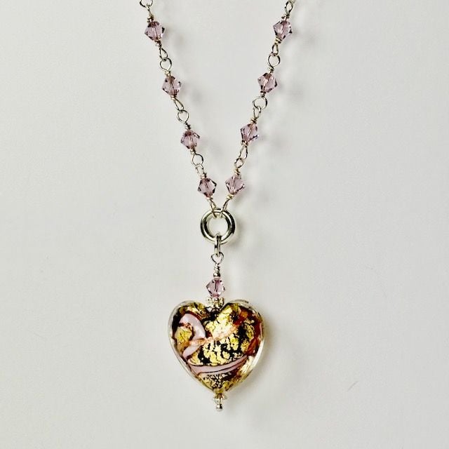 Light Amethyst Gold Aventurine Murano Glass Heart Pendant, with Silver/Crystal Chain