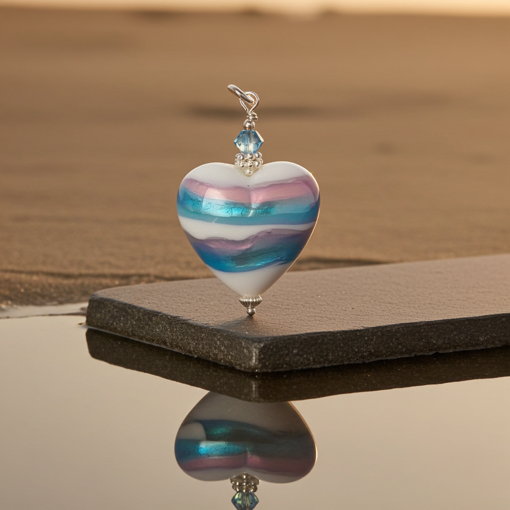 Caribbean Rose Murano Glass Heart Pendant with Sterling Silver Chain