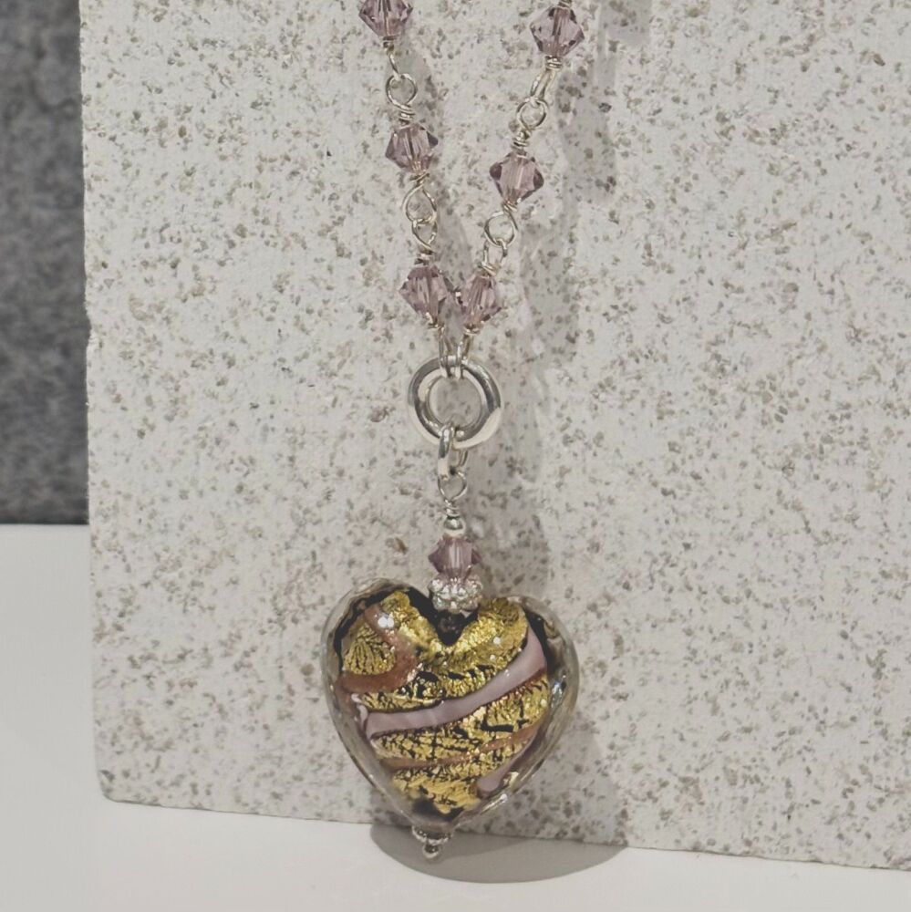 Light Amethyst Gold Aventurine Murano Glass Heart Pendant, with Silver/Crystal Chain