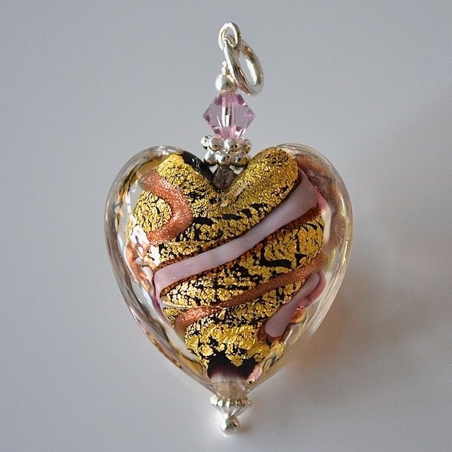 Light Amethyst Gold Aventurine Murano Glass Heart Pendant, with Sterling Silver Chain