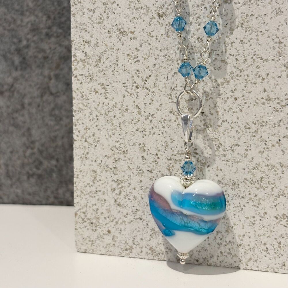 Caribbean Rose Murano Glass Heart Pendant with Silver/Crystal Chain