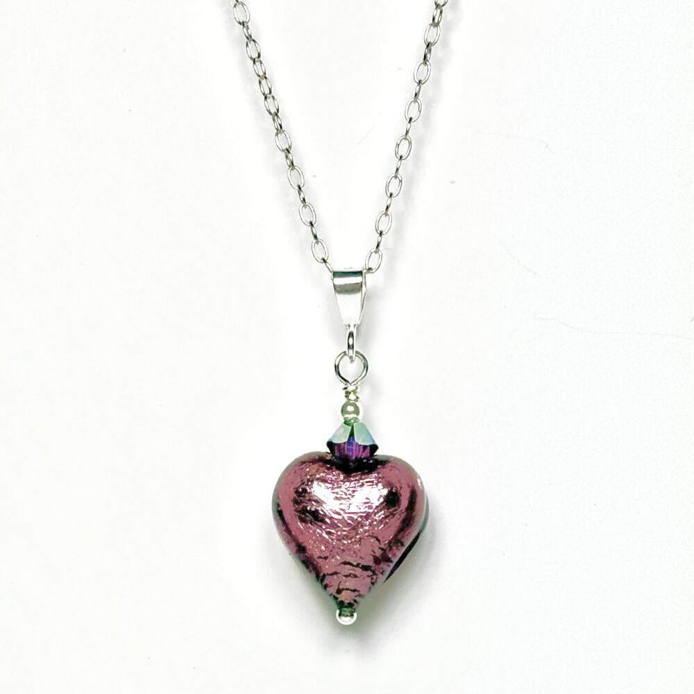 Amethyst Silver Murano Glass Heart Pendant, Small, with Sterling Silver Chain