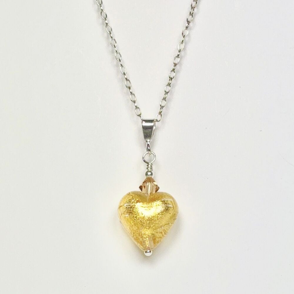 Small Crystal Gold Murano Glass Heart Pendant, Small, with Sterling Silver Chain