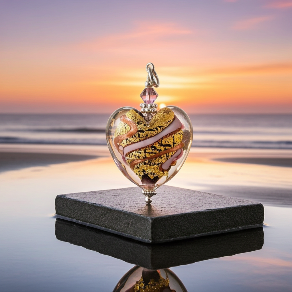 Light Amethyst Gold Aventurine Murano Glass Heart Pendant, with Sterling Silver Chain