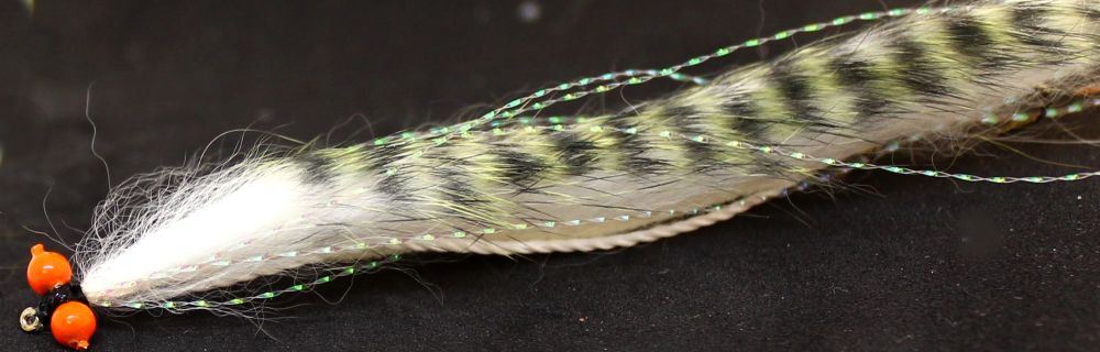 Snake fly-Tiger barred White /Olive ,Orange hot head # 10 barbed  [SF 20]