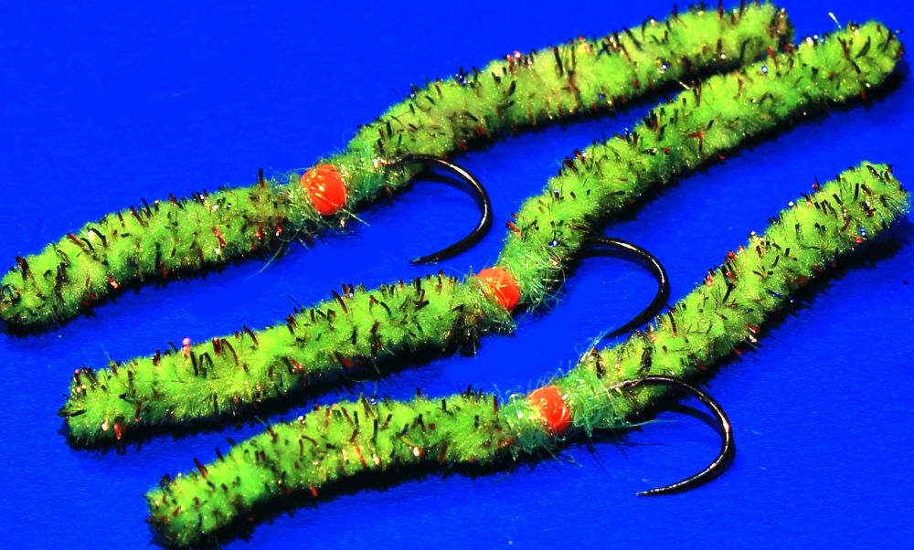 Shimmy worm , mosaic chartreuse /Orange#10 barbless  [shim2]