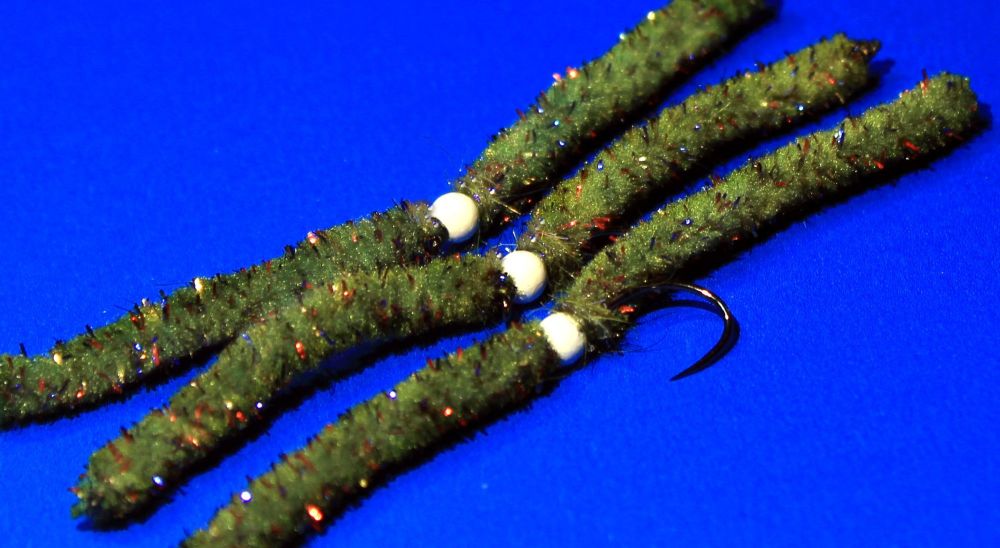 Shimmy worm , mosaic olive /white.#10 barbless [shim11]
