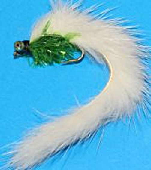 5 X  MINKY  FLY , White with green fritz body -chain eyes # 10 barbed/M11
