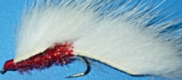5 X  MINKY  FLY , White/red fritz body # 10 barbed/ M15