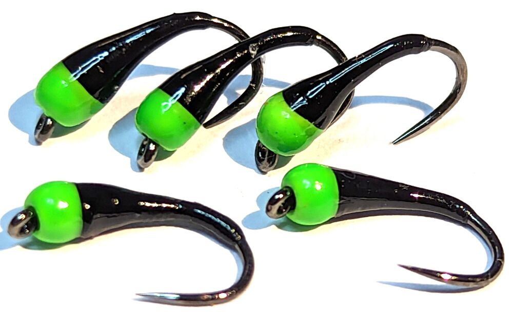 Dogs bollox , black and green, barbless # 12 wide gape (DOG 22)