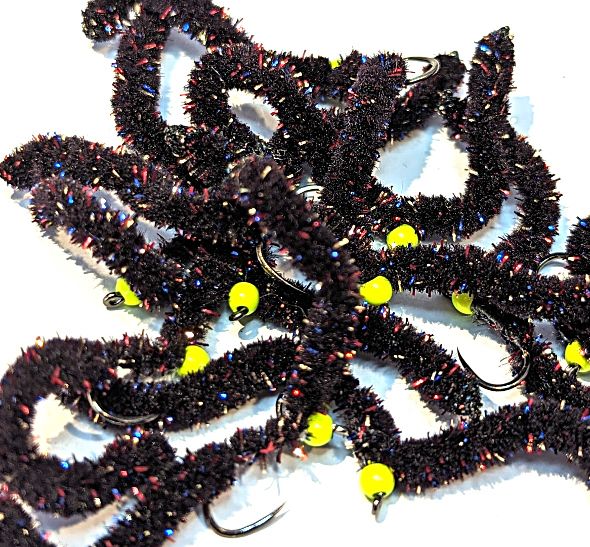 Shimmy worm , mosaic black /yellow #10 barbless  [shim3]