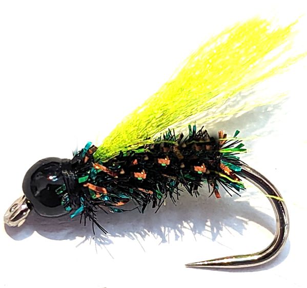Cormorant, Hot head,BLACK, synthetic herl /fl yellow  pulse fibre wing   #10 barbless [cor39]