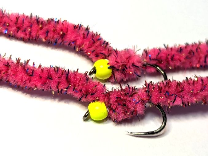 Shimmy worm , mosaic pink /yellow #10 barbless [shim32]