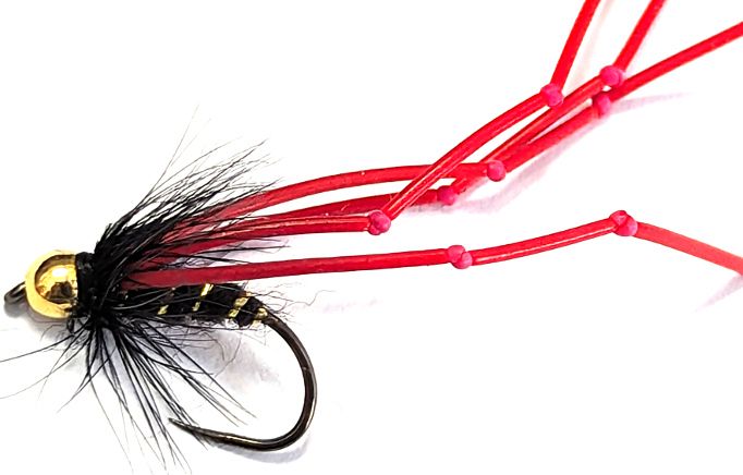 BLACK/RED  daddy long legs , barbless, goldheads [DV25]