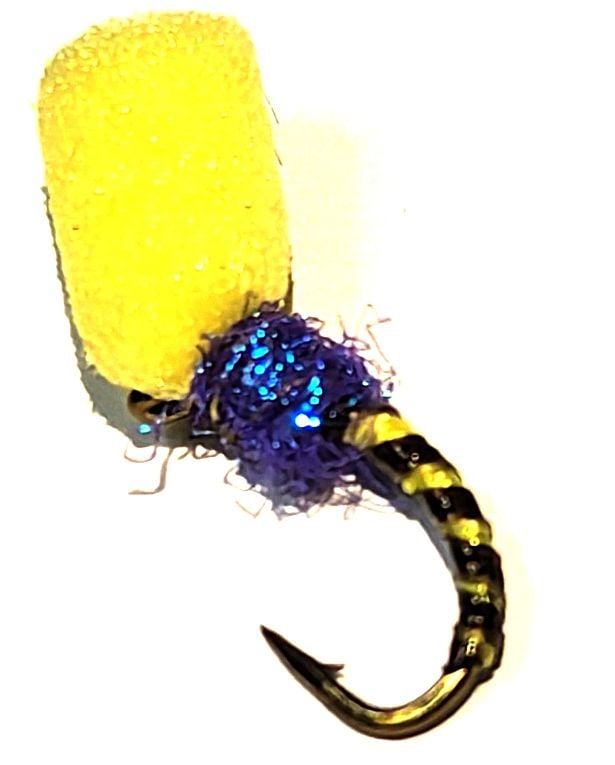 Buzzer-suspender ,yellow owl /blue thorax #12 barbed grub hooks[FB 49]