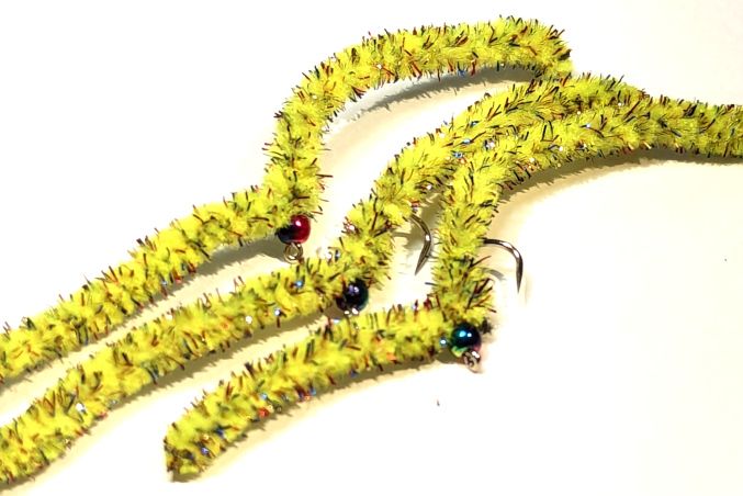 Shimmy worm , mosaic Yellow/Rainbow.#10 barbless [shim15]