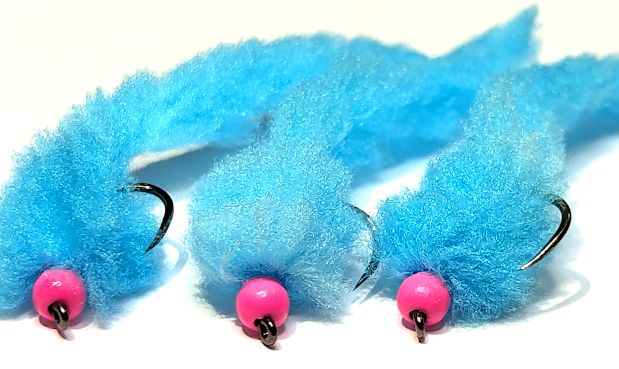 Eggstasy worm, BUBBLEGUM BLUE / PINK BEAD #10 barbless  [EW7B]