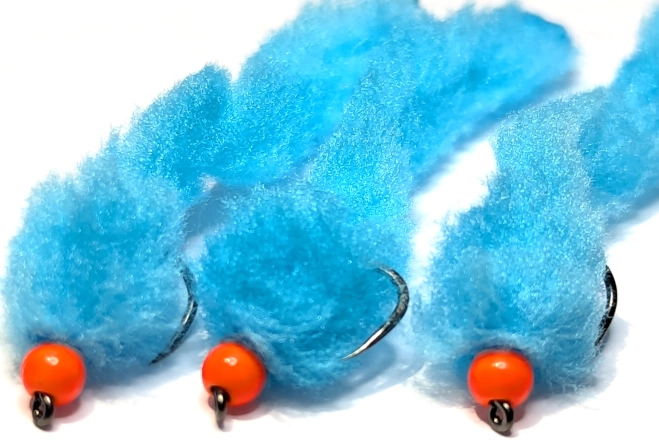 Eggstasy worm, BUBBLEGUM BLUE / ORANGE BEAD #10 barbless  [EW10B]