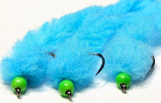 Eggstasy worm, BUBBLEGUM BLUE / GREEN  BEAD #10 barbless  [EW8B]