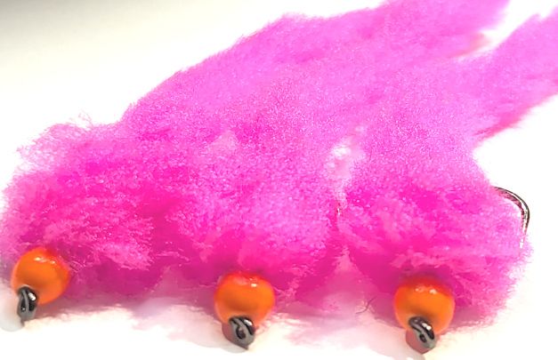 Eggstasy worm, hot pink / orange brass bead, barbless size 10 hooks EW13
